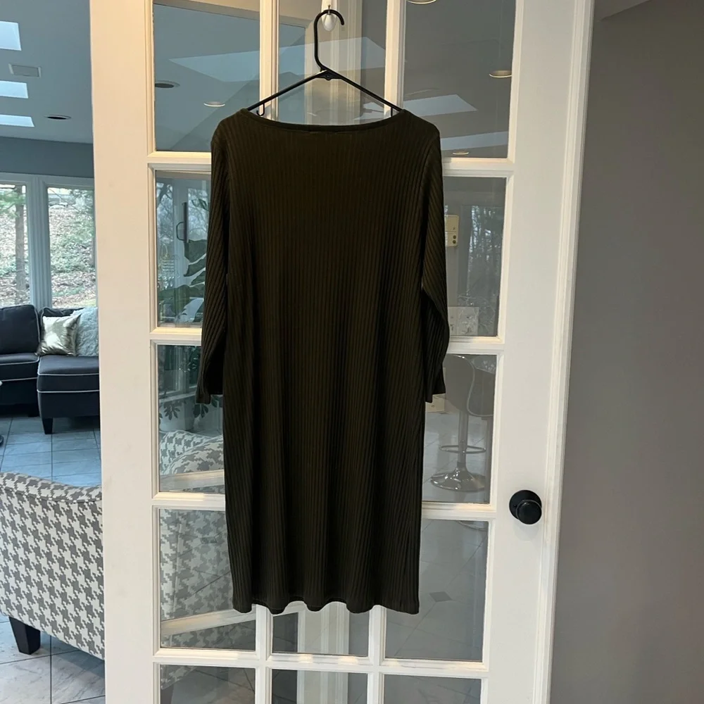 Eileen Fisher Tencel Stretch Rib Ribbed Knee Sleeved Green Olive Dress M New - Picture 6 of 8